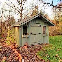 10 x 10 medium board and batten with a 2 foot gable overhang.